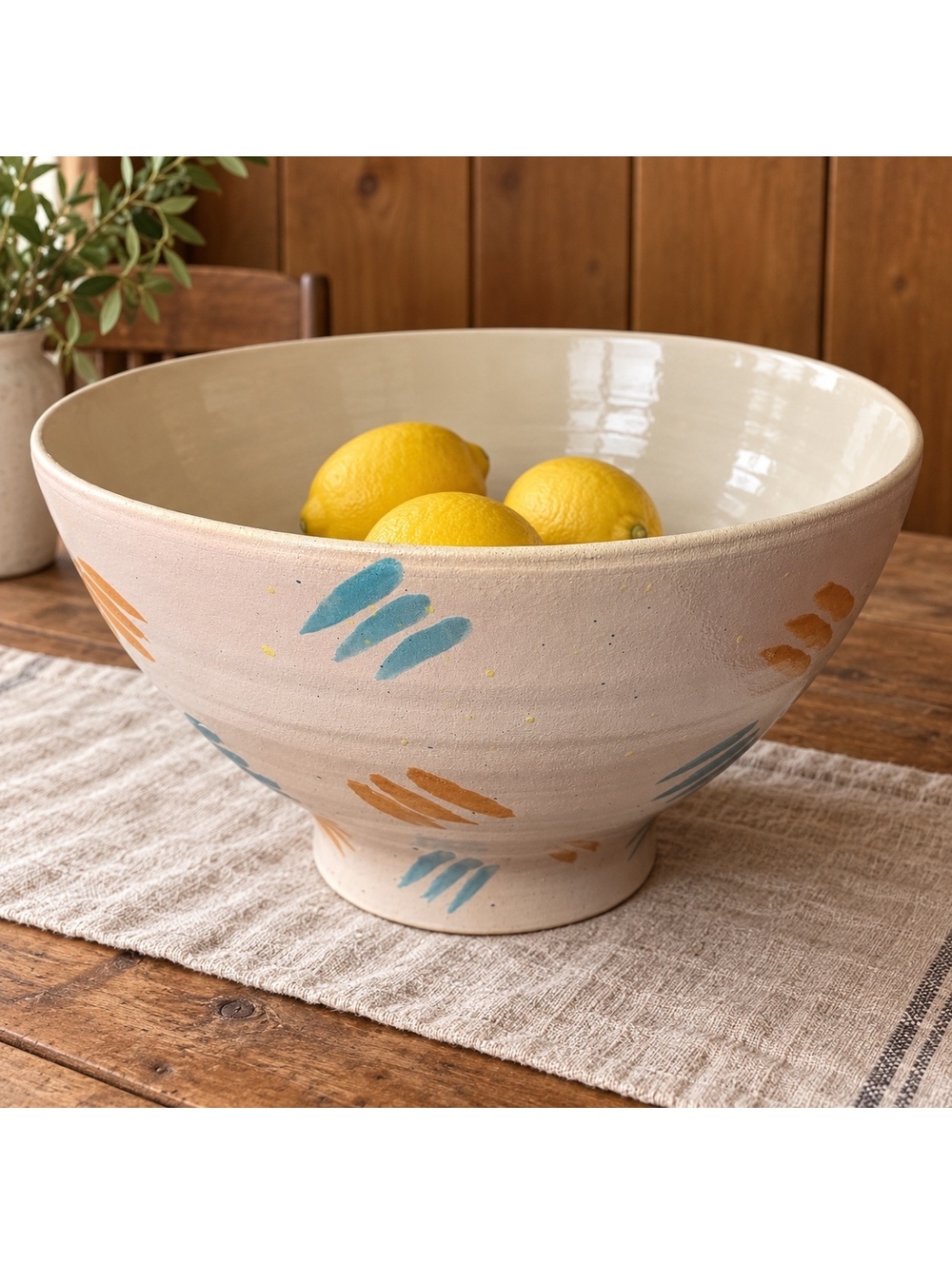 Oversized Signed Studio Pottery Pedestal Bowl Memphis Style 16 Inch
